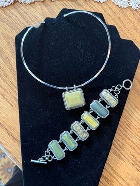 Lia Sophia Silver-Tone Green Stone Necklace Pendant Slide & Bracelet Set -NWOT